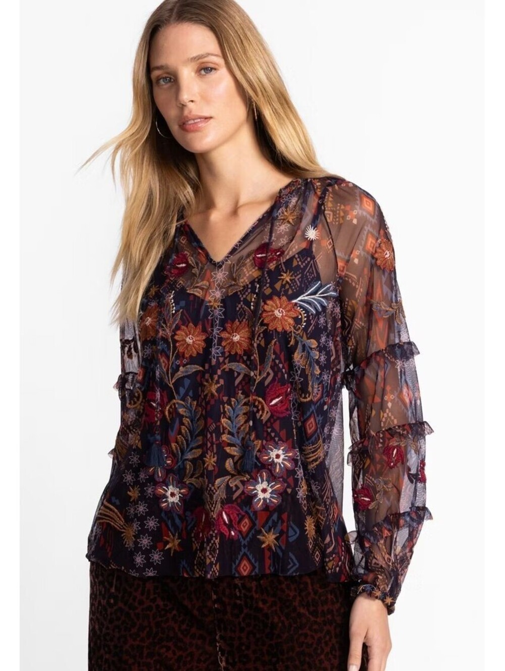 NWT Johnny Was Womens Sheer Mesh Embroidered Floral Top Multicolor XS #1092